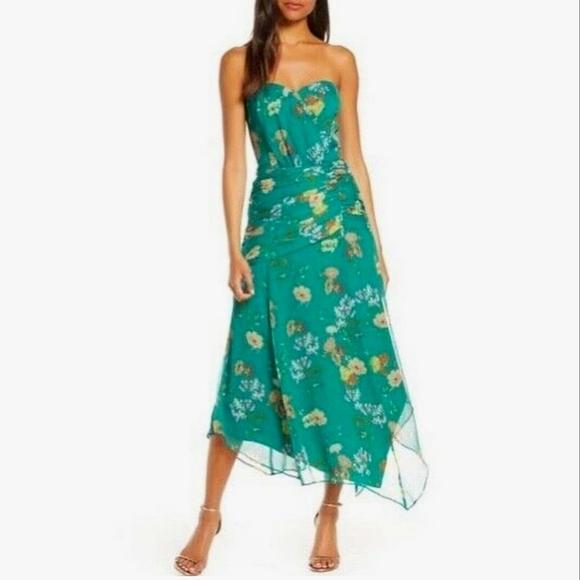Harlyn Dresses & Skirts - Harlyn Strapless Floral Midi Dress Ruching Handkerchief Hem Jade Green Pink - Sm